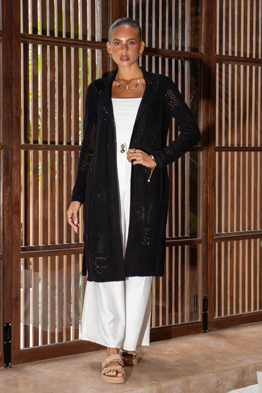 Elaine Black Longline Crochet Knit Cardigan
