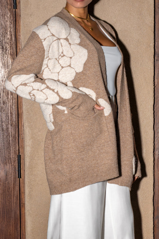 Mille Mocha Beige Floral Knit Cardigan