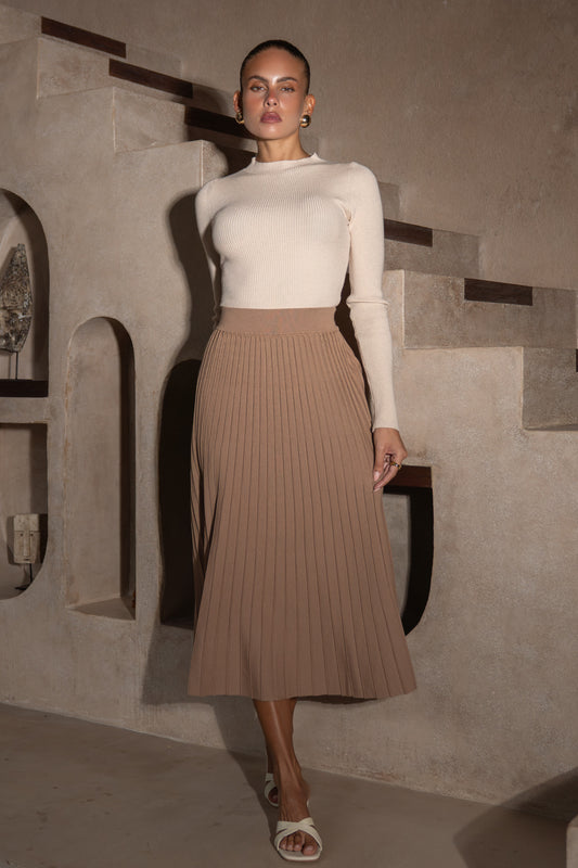 Hana Brown Pleated Knit Midi Skirt