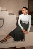 Hana Dark Green Pleated Knit Midi Skirt