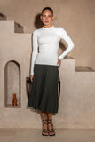 Hana Dark Green Pleated Knit Midi Skirt