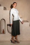 Hana Dark Green Pleated Knit Midi Skirt