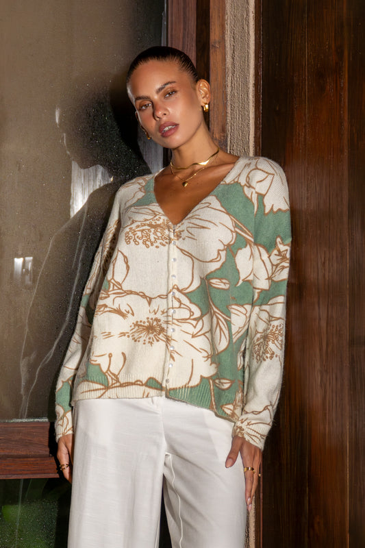 Lorraine Green Floral Knit Cardigan