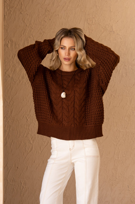 Alia Brown Cable Knit Sweater