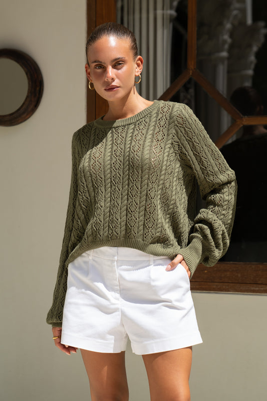 Haisley Khaki Pointelle Knit Sweater
