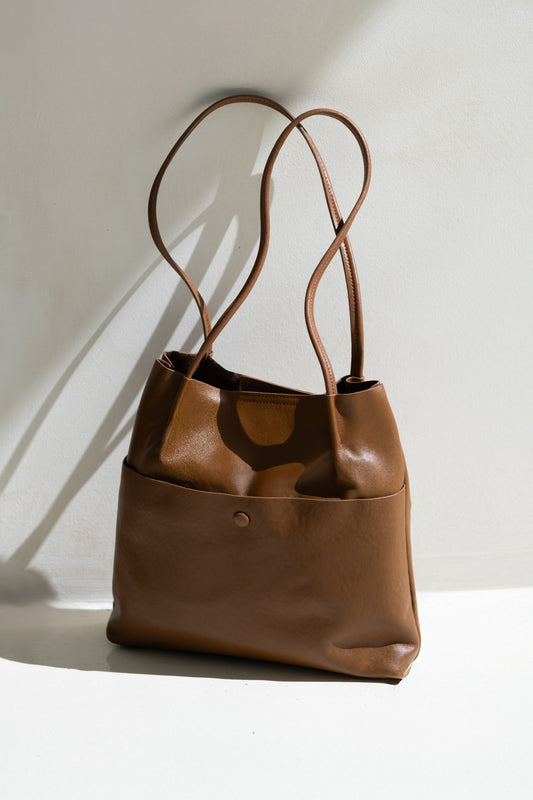 Nika Brown Genuine Leather Pocket Tote Bag