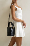Nia Black Croc Embossed Genuine Leather Bucket Bag