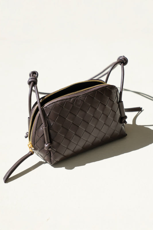 Jenni Brown Genuine Lambskin Leather Woven Mini Crossbody Bag