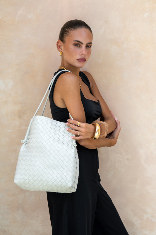 Tilly Ivory Genuine Lambskin Leather Woven Shoulder Tote Bag