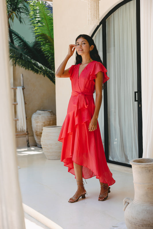 Azalea Watermelon Red Tiered Ruffle Midi Dress