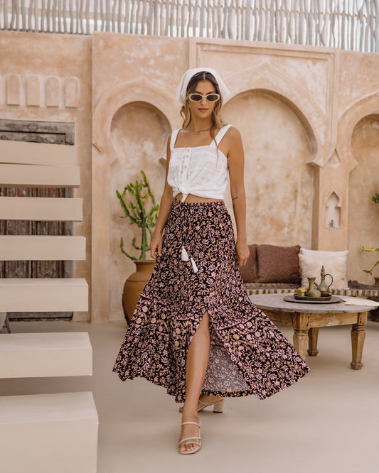 Rok Maxi Belah Boho Bunga Hitam Laila