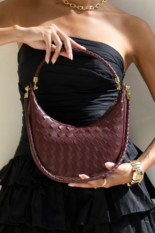 Gigi Burgundy Red Genuine Lambskin Leather Woven Half-Moon Shoulder Bag