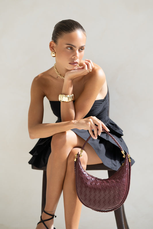 Gigi Burgundy Red Genuine Lambskin Leather Woven Half-Moon Shoulder Bag