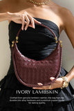 Gigi Burgundy Red Genuine Lambskin Leather Woven Half-Moon Shoulder Bag