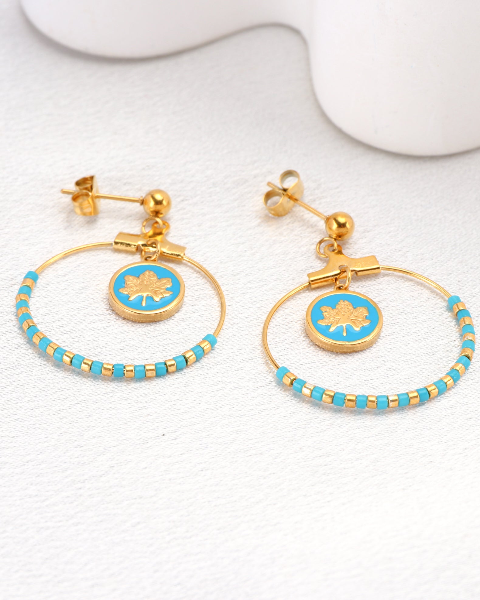 Azura Blue Gold Leaf and Bead Earrings