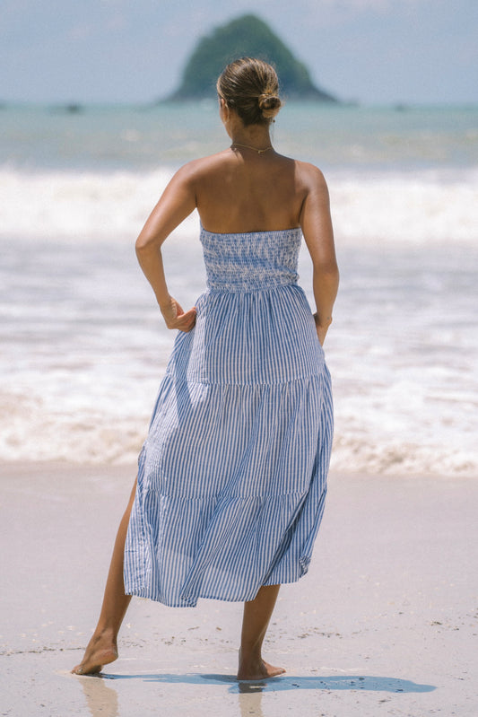 Riley Blue Stripe Strapless Midi Dress