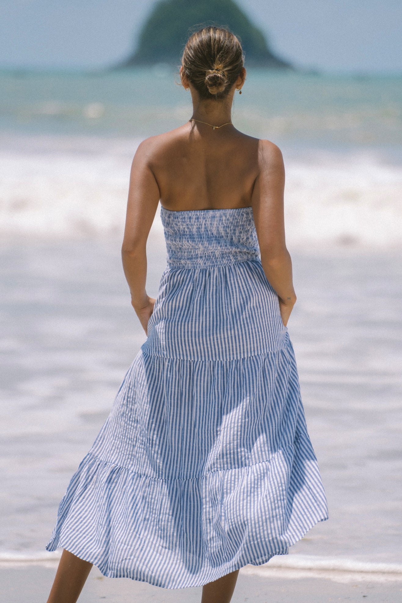 Riley Blue Stripe Strapless Midi Dress