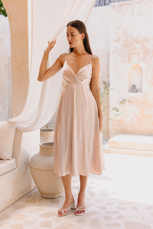 Eleanor Champagne Satin Midi Dress