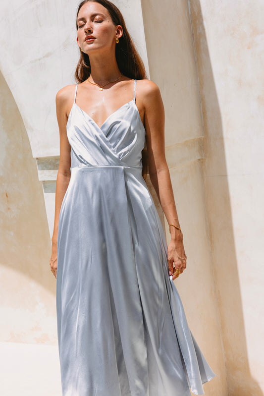 Eleanor Silver Blue Satin Midi Dress