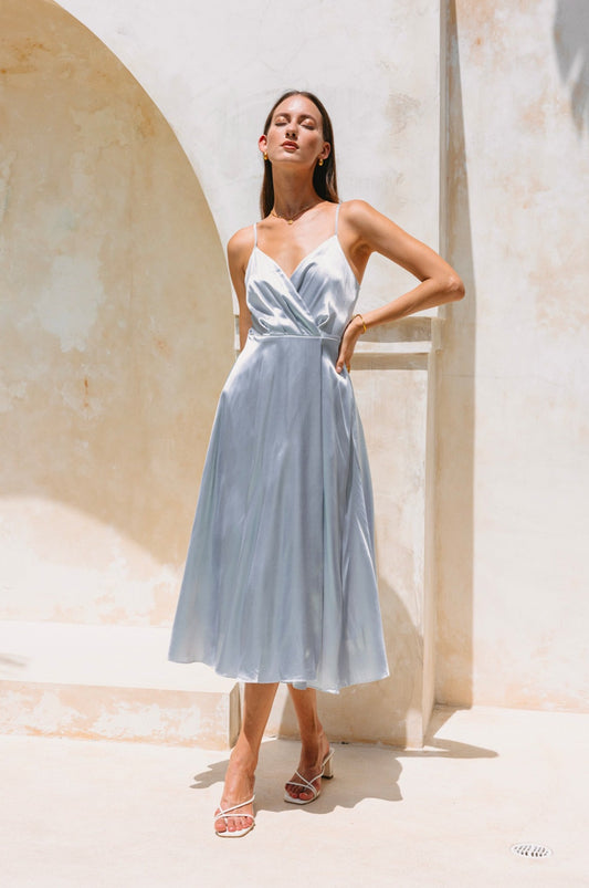 Eleanor Silver Blue Satin Midi Dress