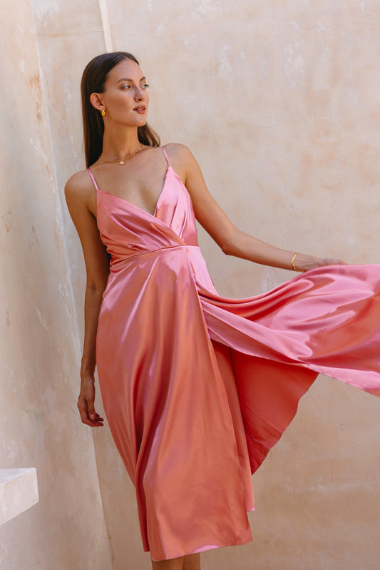 Eleanor Rose Pink Satin Midi Dress