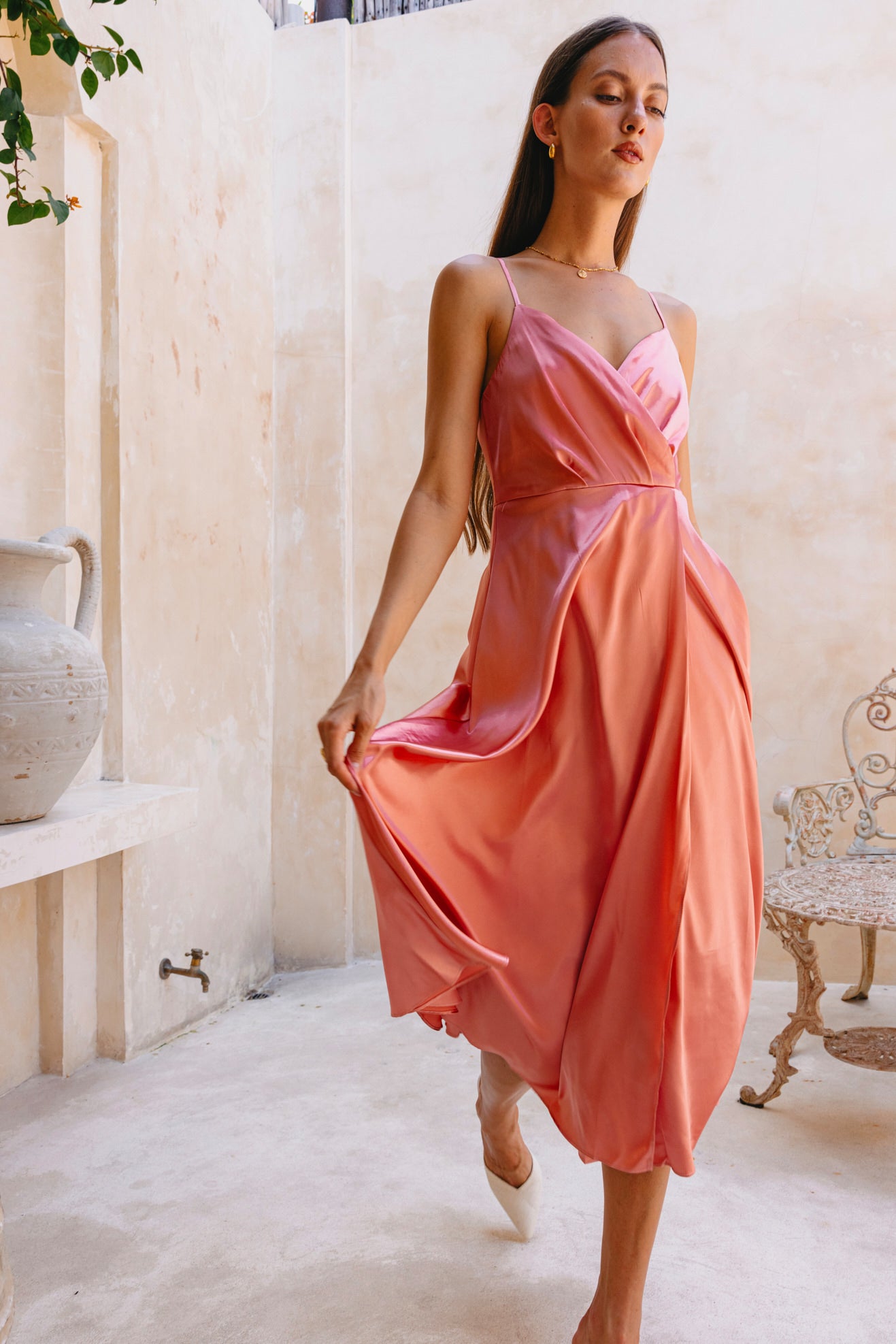Eleanor Rose Pink Satin Midi Dress