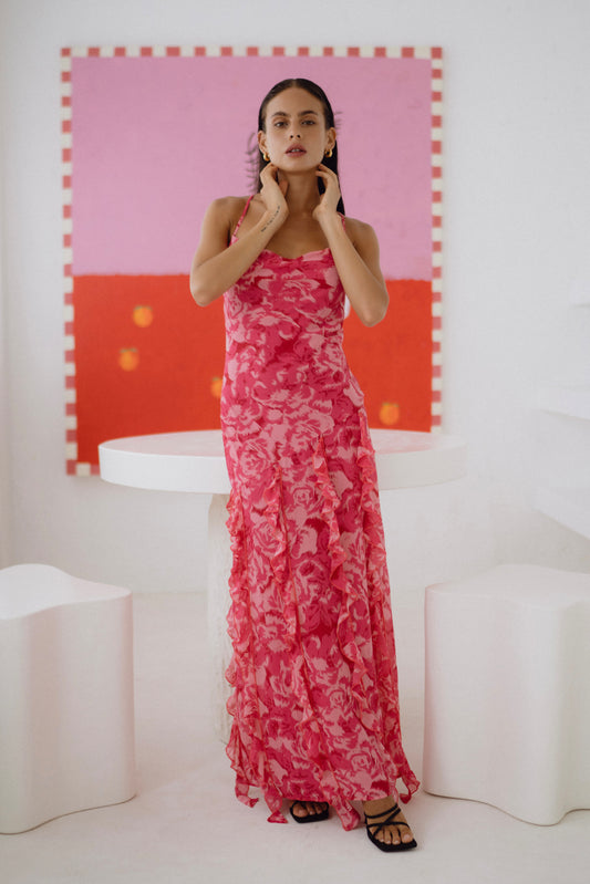 Mikayla 粉色抽象花卉系带长连衣裙
