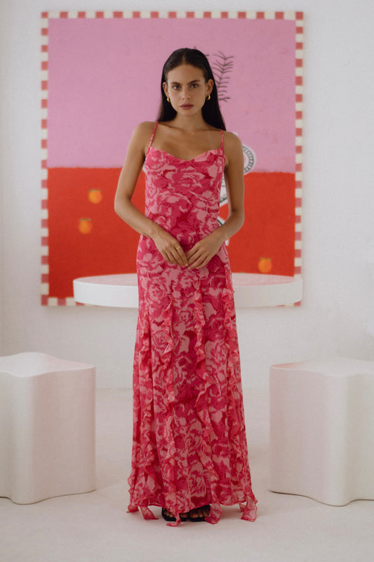 Mikayla 粉色抽象花卉系带长连衣裙
