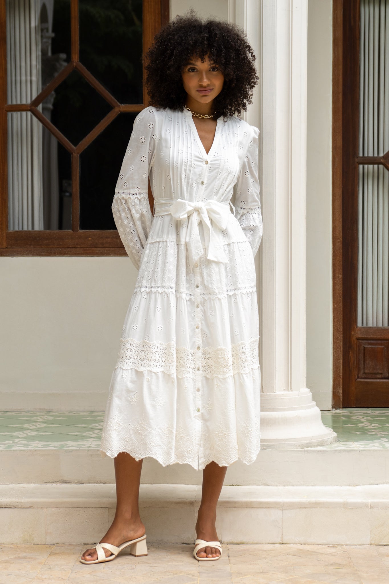 eyelet long sleeve dress Heychic Linnea White Eyelet Long Sleeve Maxi Dress, AU 14