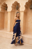 Leilani Navy Gold Tropical Tie Back Maxi Dress