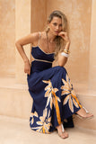 Leilani Navy Gold Tropical Tie Back Maxi Dress