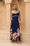 Leilani Navy Gold Tropical Tie Back Maxi Dress