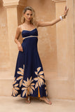 Leilani Navy Gold Tropical Tie Back Maxi Dress