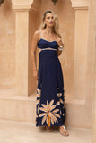 Leilani Navy Gold Tropical Tie Back Maxi Dress