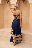 Leilani Navy Gold Tropical Tie Back Maxi Dress