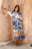 Wild Blue Tropical Wrap Maxi Dress
