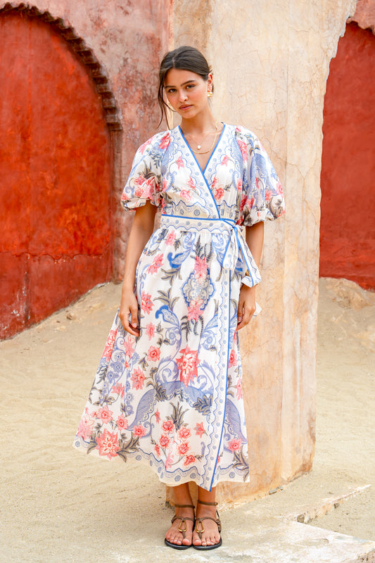 Porcelain Multi Floral Wrap Maxi Dress