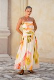 Golden Multi Floral Ruched Maxi Dress