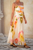 Golden Multi Floral Ruched Maxi Dress