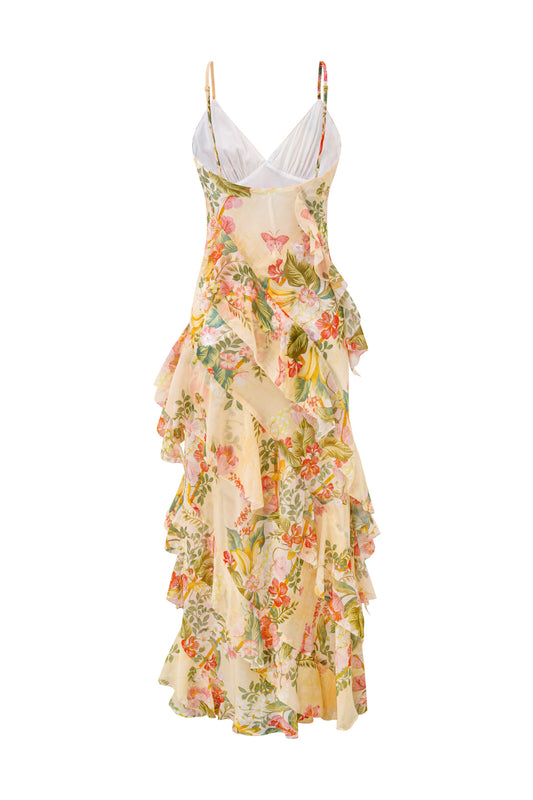 Sunfire Yellow Floral Ruffle Maxi Dress