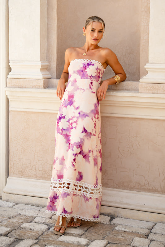Bloom Purple Floral Strapless Maxi Dress