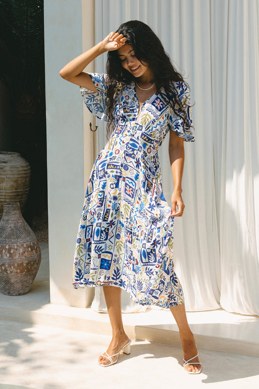 Zephyra Blue Abstract Print V-Neck Midi Dress