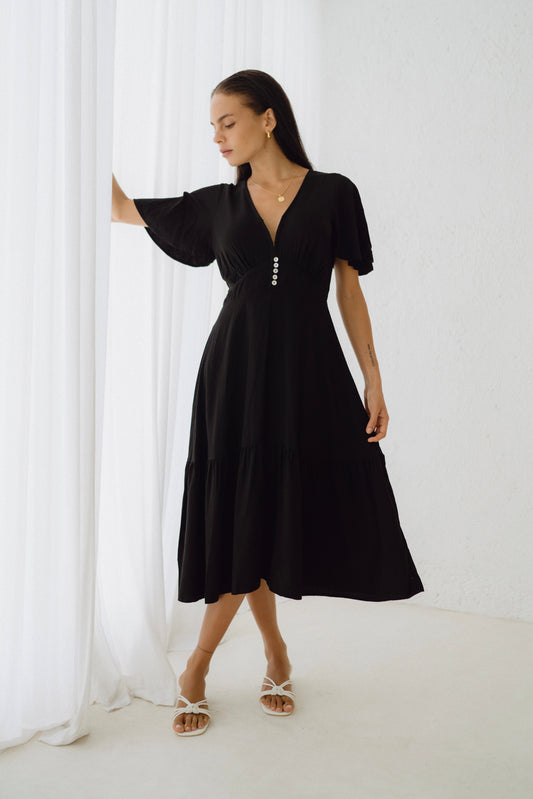 Elle Black Flared Sleeve Midi Dress