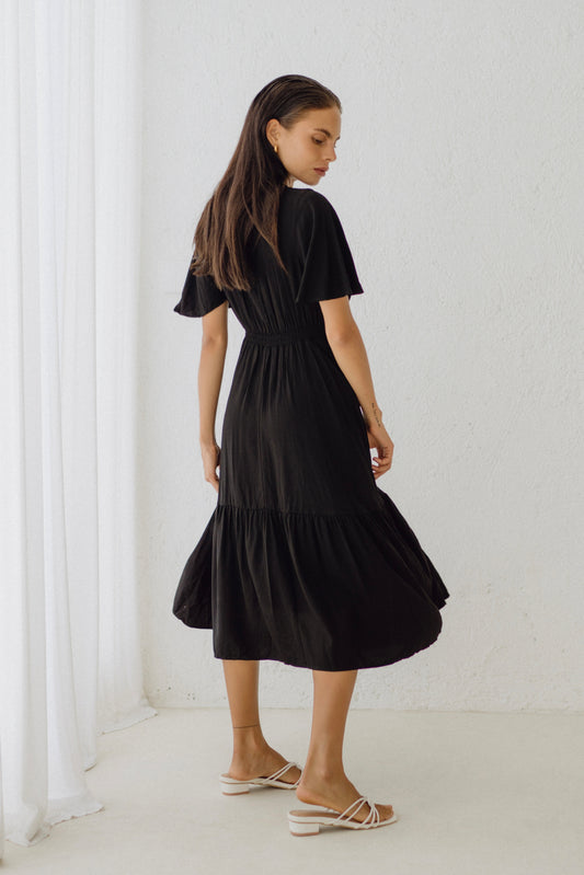 Elle Black Flared Sleeve Midi Dress
