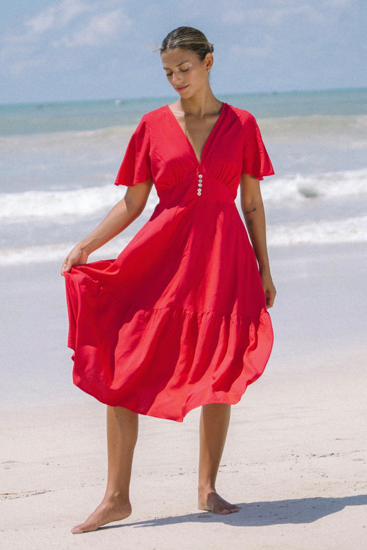 Elivia Red Flared Sleeve Midi Dress