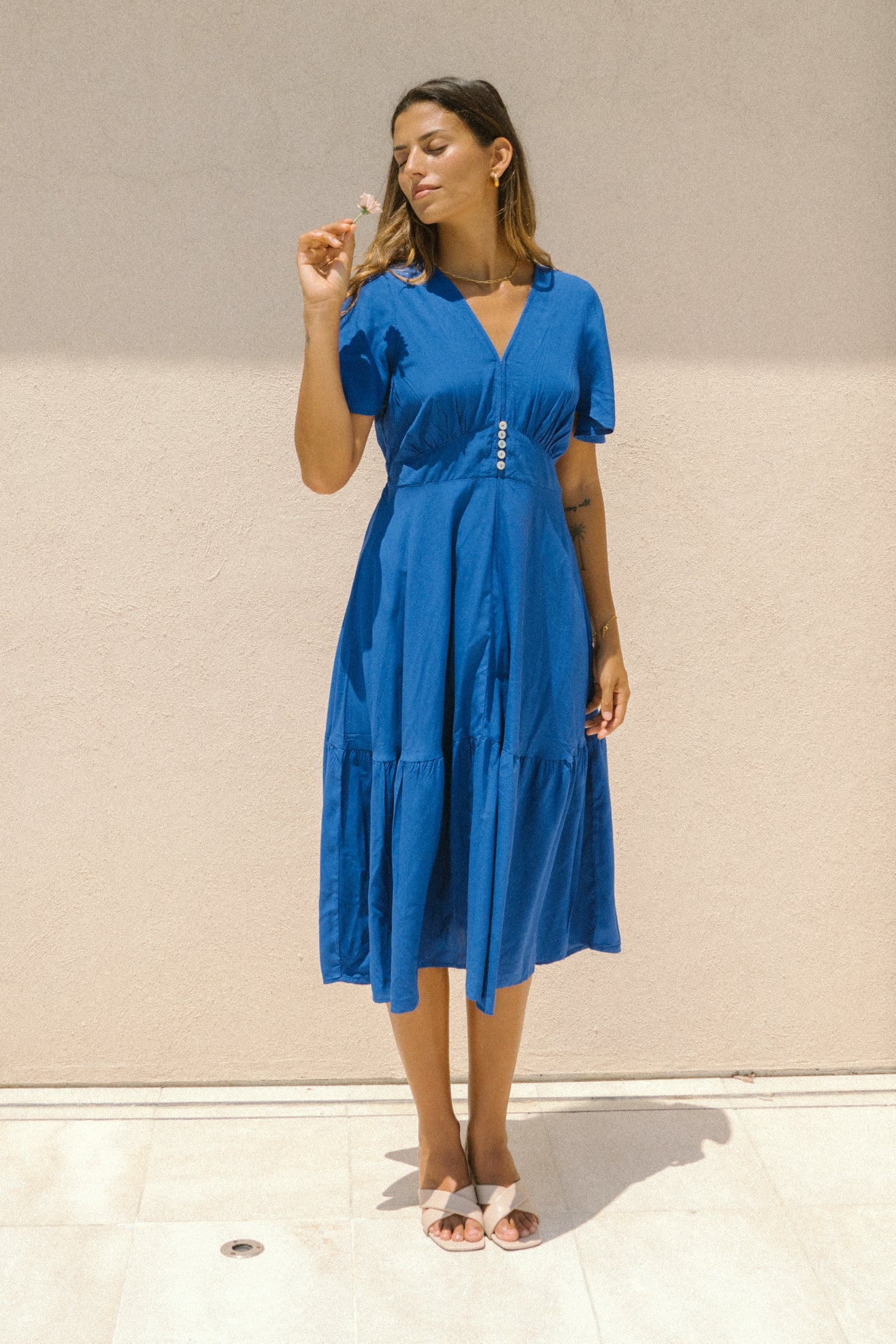 Elivia Blue Flared Sleeve Midi Dress