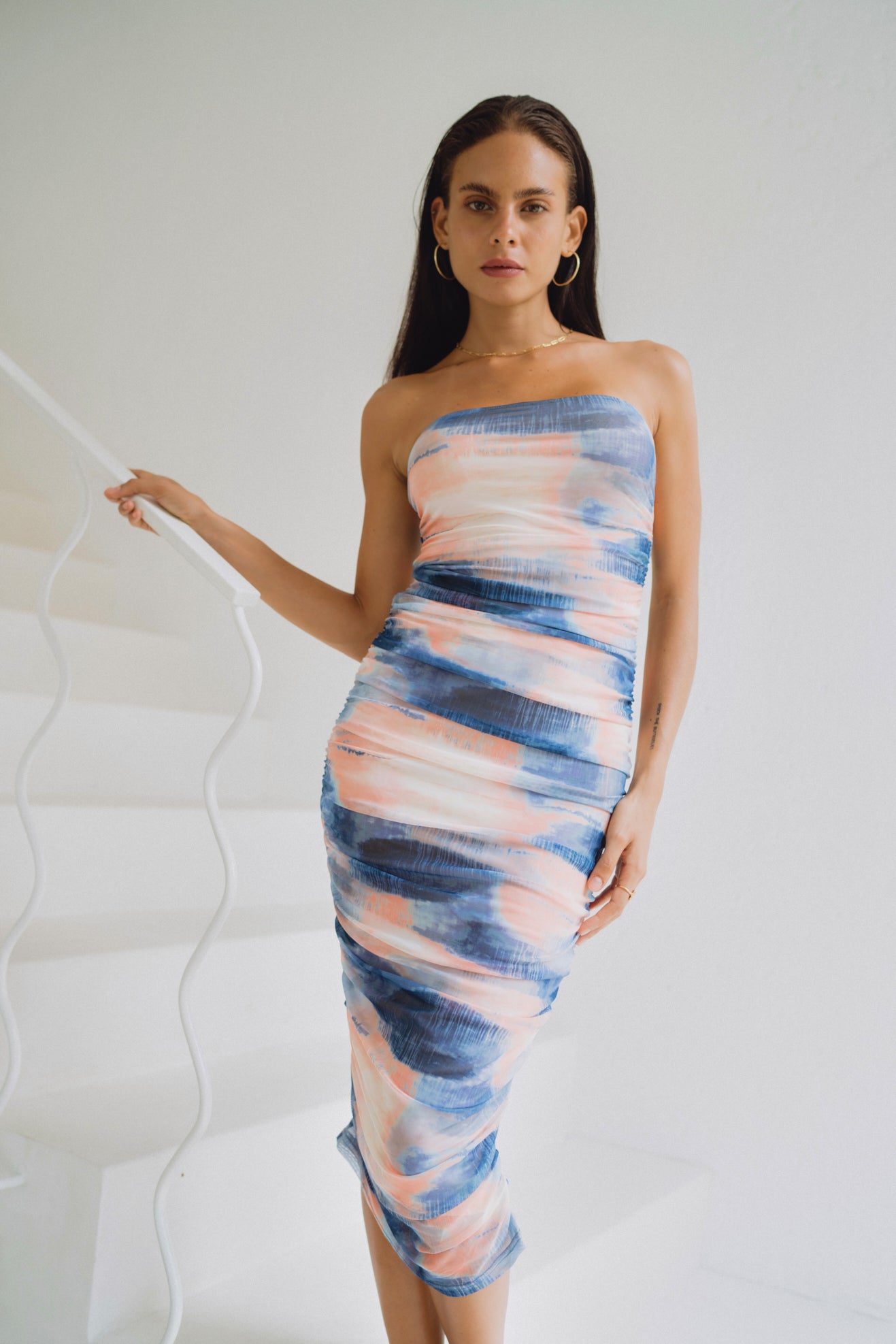 Kylie Blue Abstract Mesh Ruched Bodycon Midi Dress