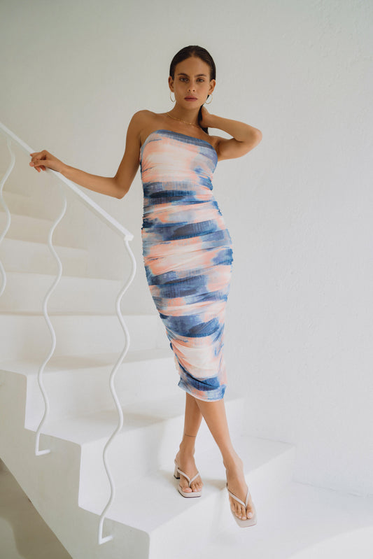 Gaun Midi Bodycon Ruched Mesh Abstrak Biru Kylie