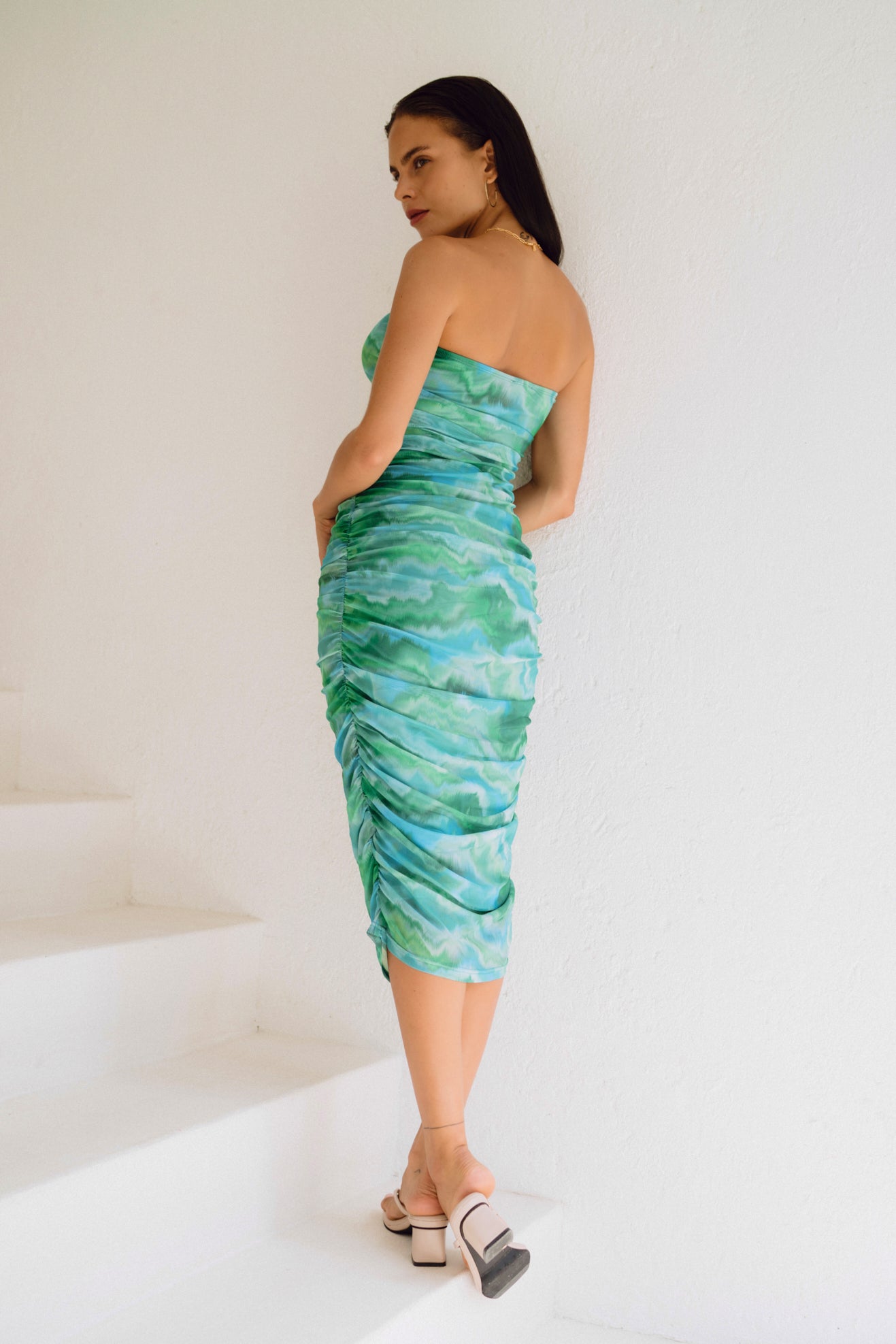 Kylie Green Abstract Mesh Ruched Bodycon Midi Dress