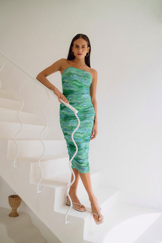 Gaun Midi Bodycon Ruched Jaring Abstrak Kylie Green